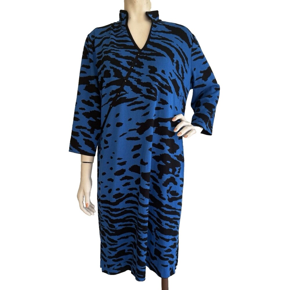 MING WANG Sweater Dress Blue Black Animal Print Studded 3/4 Sleeve Midi Size XL